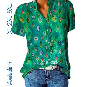 3XL - Stunning Peacock Feather Plus Size V Neck Button Down Blouse